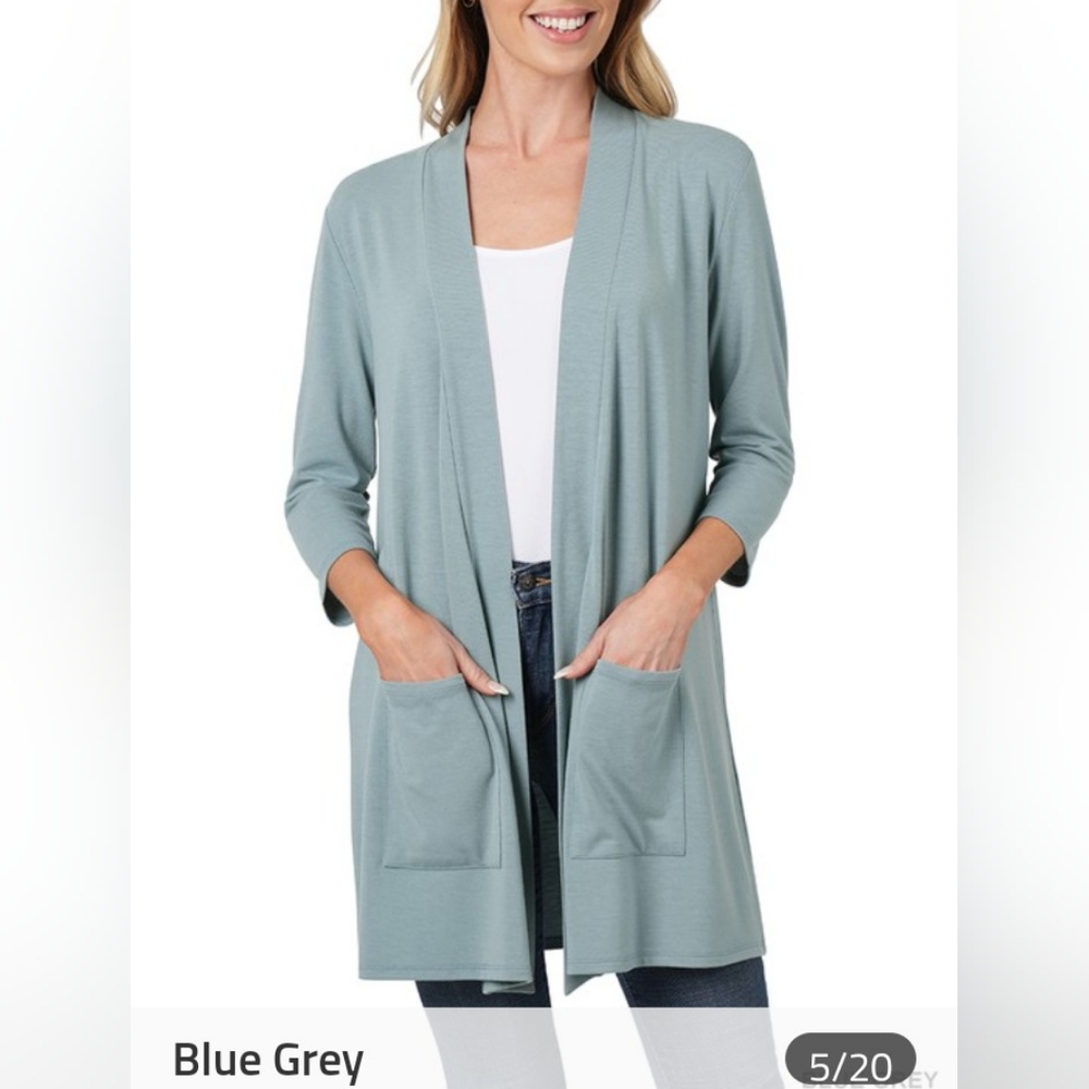 ZENANA OPEN CARDIGAN W/ SLOUCHY POCKETS - BLUE GREY